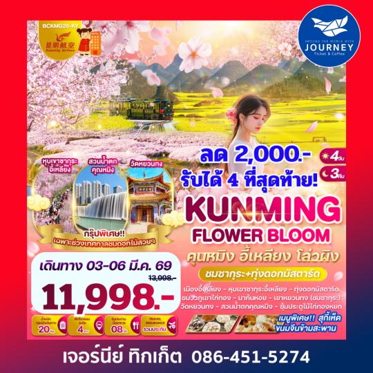 คุนหมิง อี้เหลียง โล่วผิง 4วัน 3คืน (ชมซากุระ+ทุ่งดอกมัสตาร์ด)