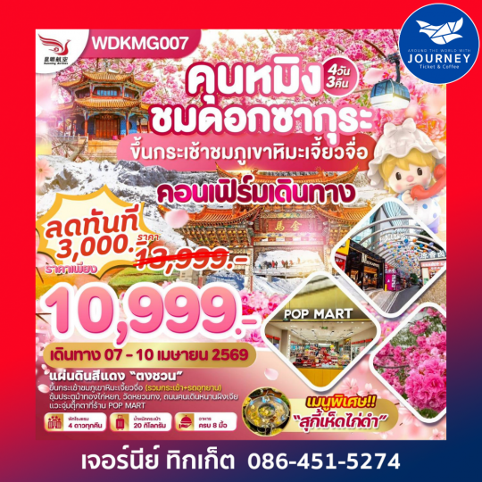 คุนหมิง ”ชมดอกซากุระบาน“ภูเขาหิมะเจี้ยวจื่อ แผ่นดินสีแดง 4วัน3คืน