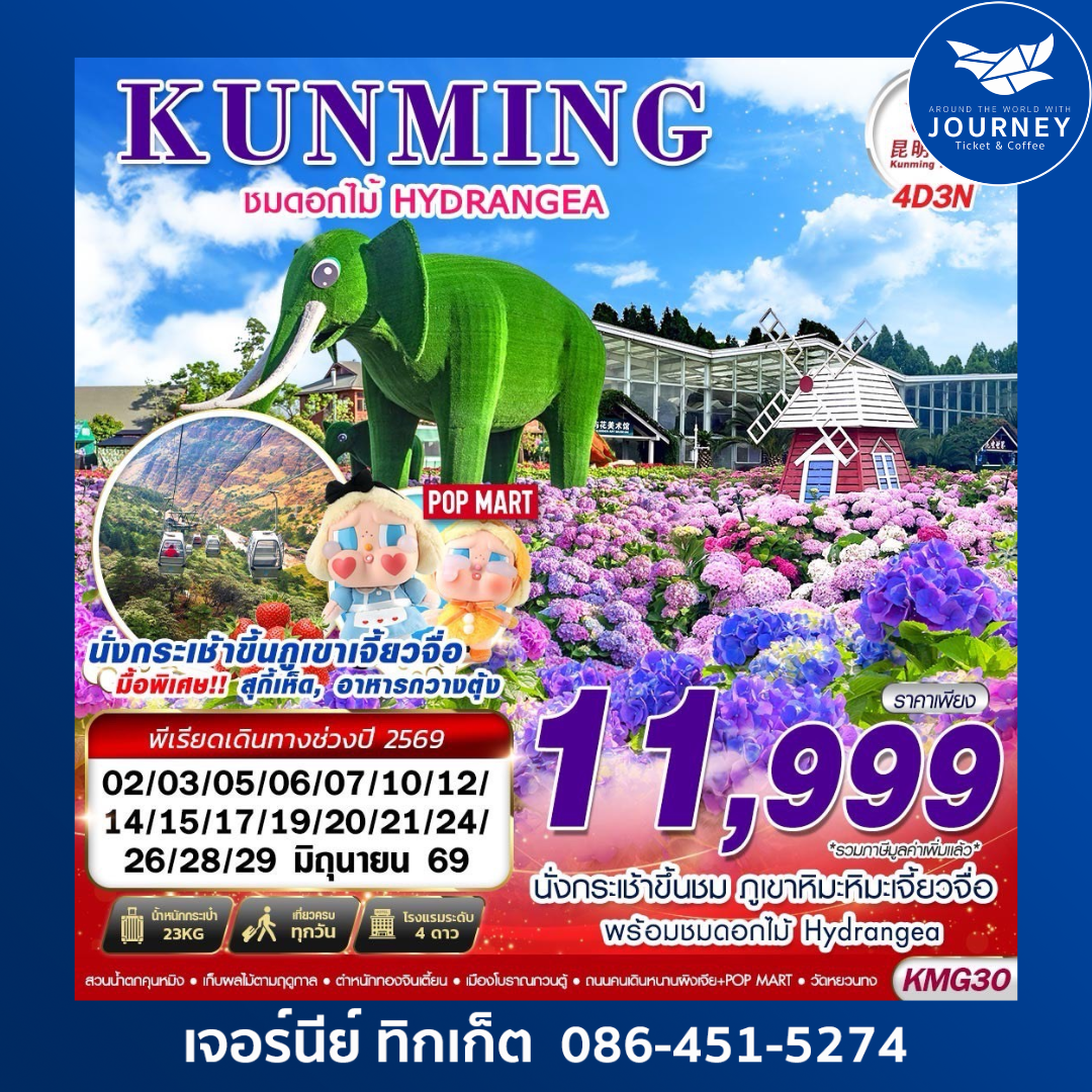 KUNMING ภูเขาหิมะเจี้ยวจื่อ - ดอกไม้ Hydrangea  4D3N (JUN-JUL26)